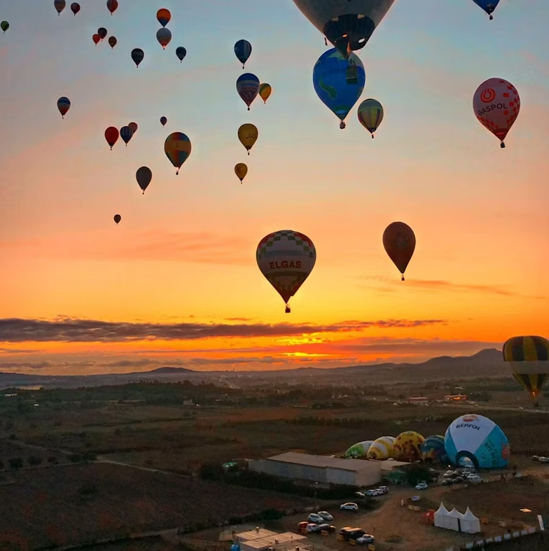 Dozens of hot air balloons float into the sky at sunrise